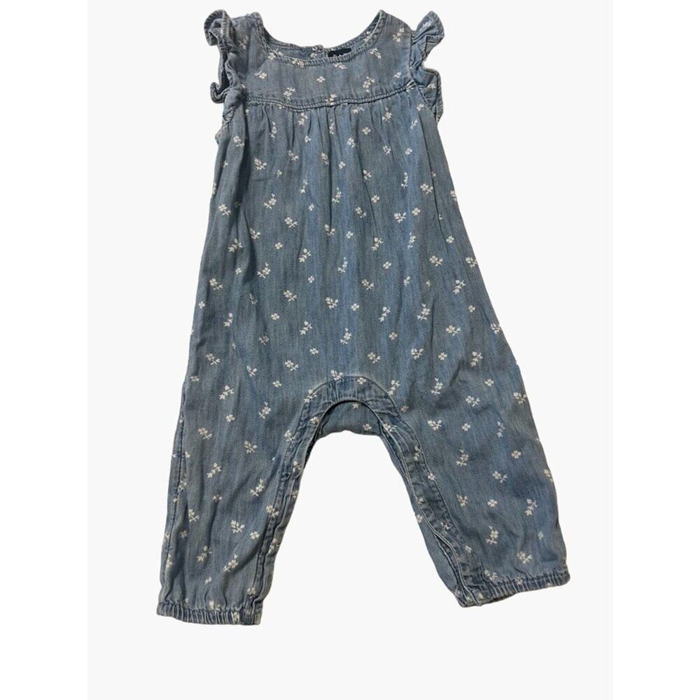 Baby GAP denim One Piece Romper Infant Girls Size 6-12 months Blue Floral Excell